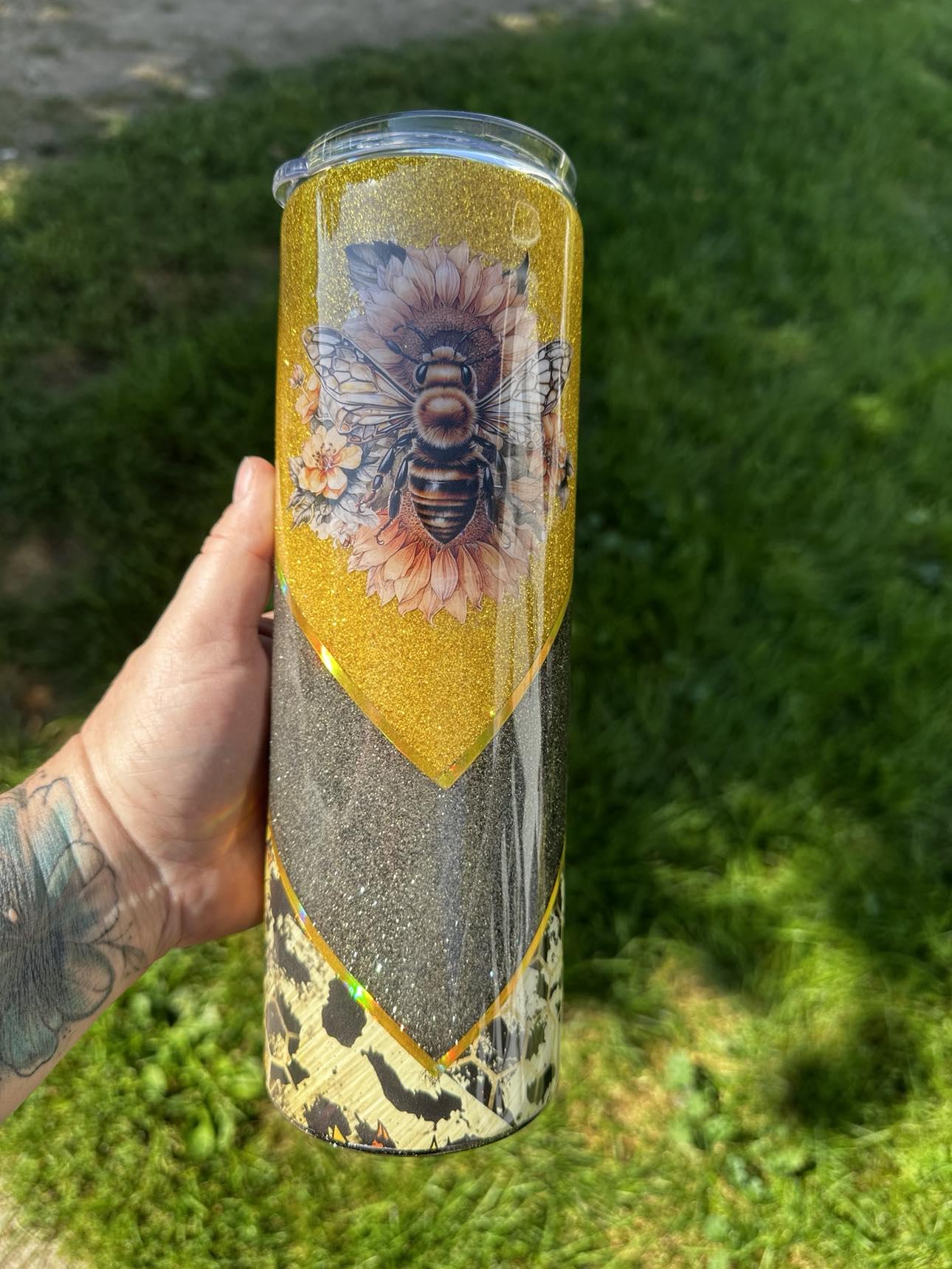 Bee/Sunflower 30oz Skinny Tumbler with Cheetah Print Glitter – Gold & Black, Personalized Gift, Custom Tumbler for Women, Summer Drinkware