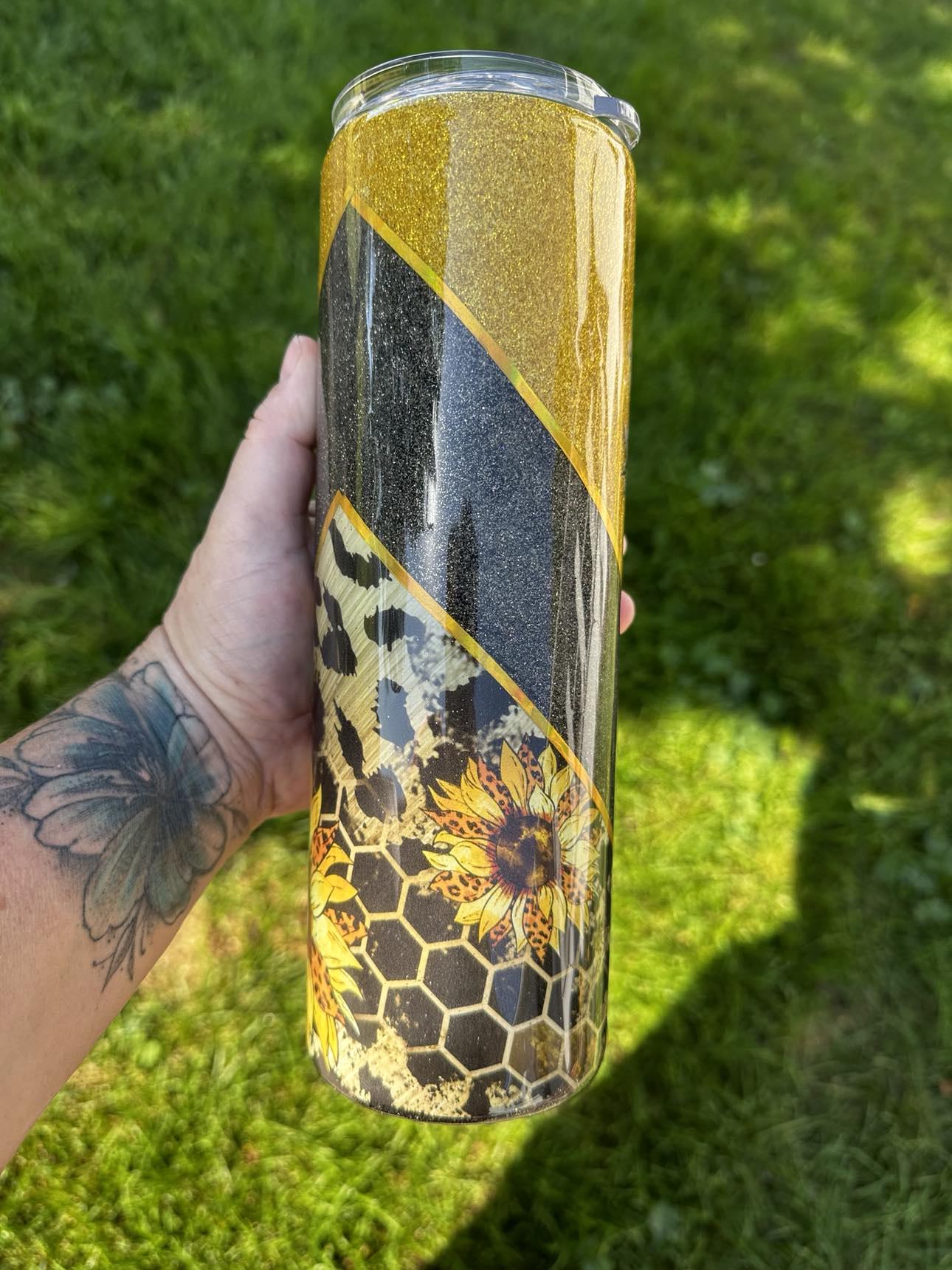 Bee/Sunflower 30oz Skinny Tumbler with Cheetah Print Glitter – Gold & Black, Personalized Gift, Custom Tumbler for Women, Summer Drinkware