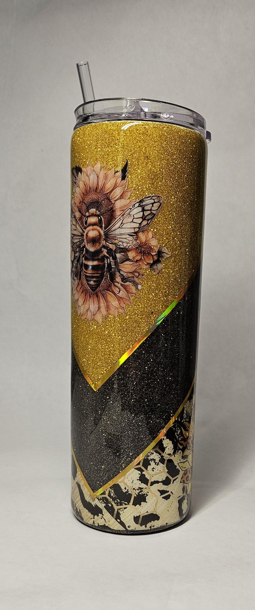 Bee/Sunflower 30oz Skinny Tumbler with Cheetah Print Glitter – Gold & Black, Personalized Gift, Custom Tumbler for Women, Summer Drinkware