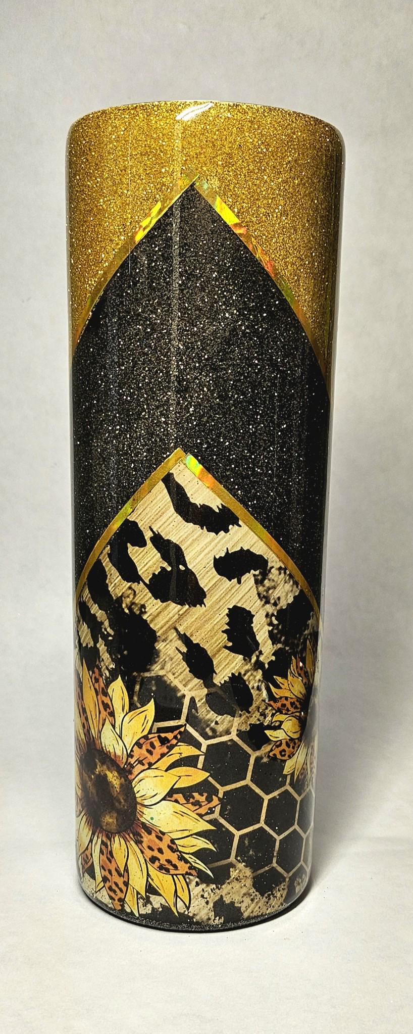 Bee/Sunflower 30oz Skinny Tumbler with Cheetah Print Glitter – Gold & Black, Personalized Gift, Custom Tumbler for Women, Summer Drinkware