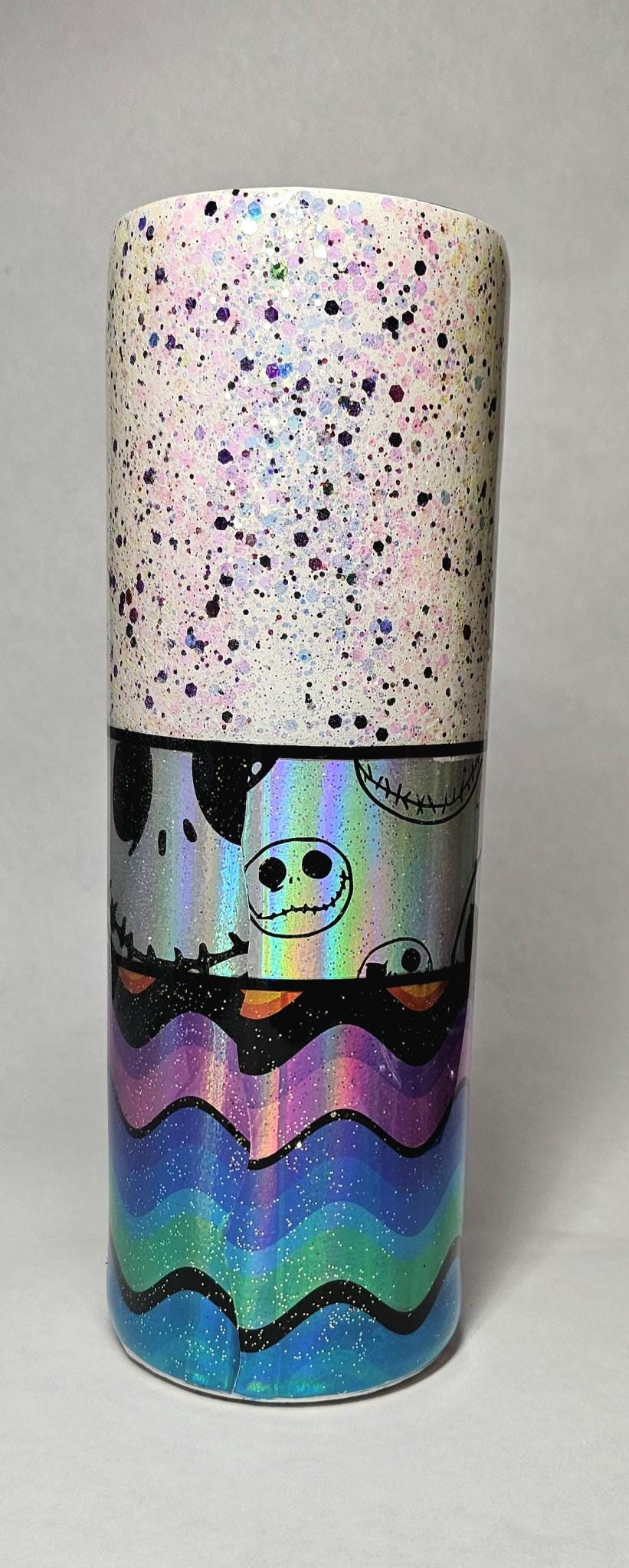 Jack Skellington Face Tumbler 30oz | Halloween Glitter Cup | Insulated Skinny Tumbler | Christmas Gift | Custom Drink Cup | Holiday Present