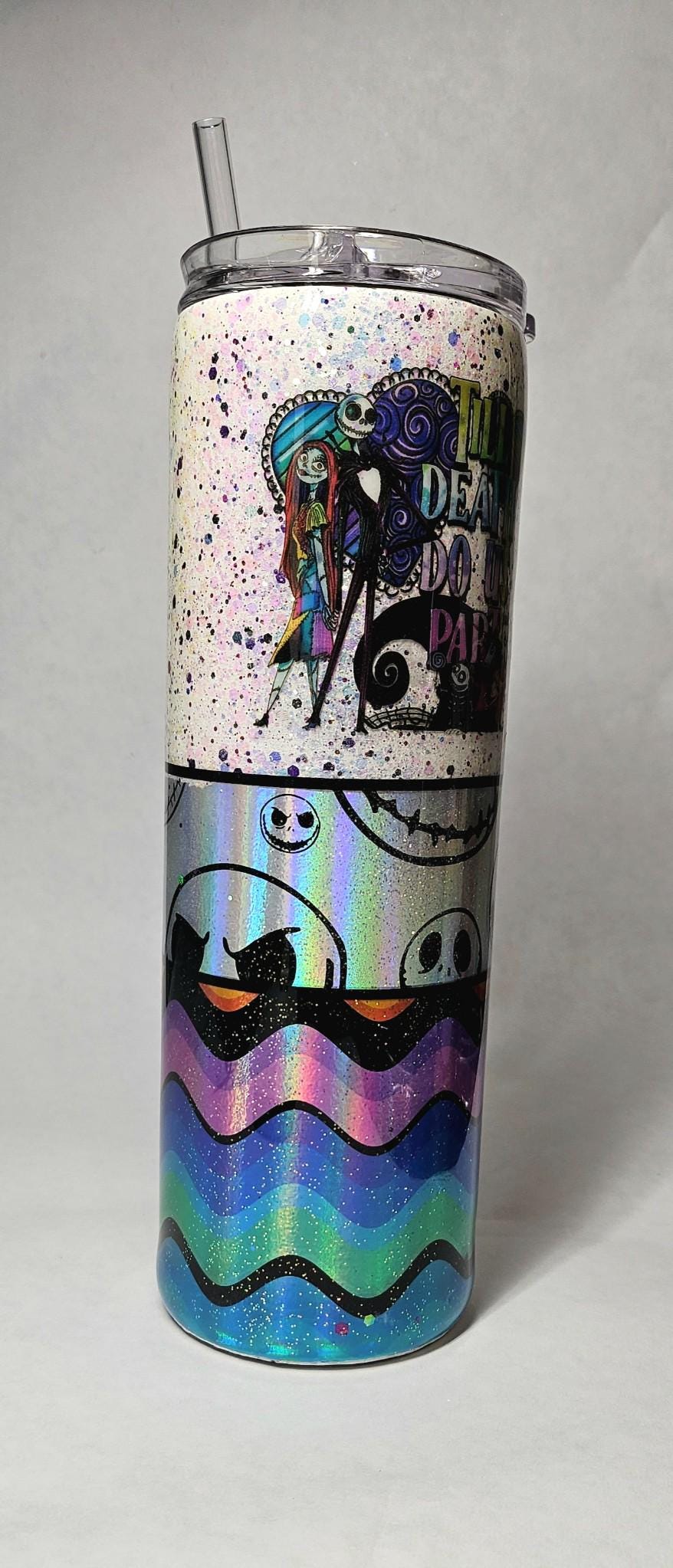 Jack Skellington Face Tumbler 30oz | Halloween Glitter Cup | Insulated Skinny Tumbler | Christmas Gift | Custom Drink Cup | Holiday Present